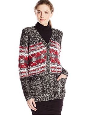 Olive & Oak Cardigan Sweater Cozy Red/ Black Marled V‑Neck Cardigan Sweater